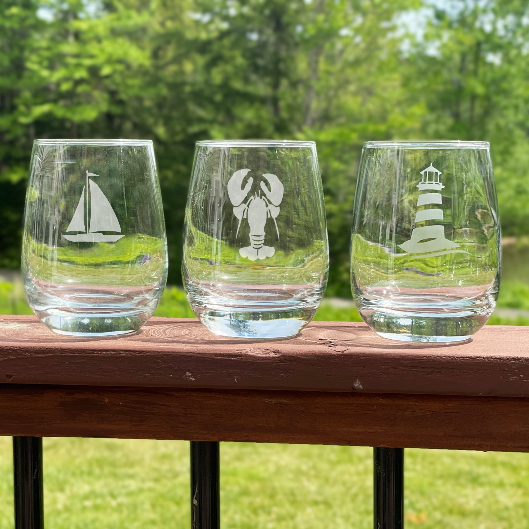 Coastal Inspired Etched Stemless Wine Glasses Reclaimed Maine Co