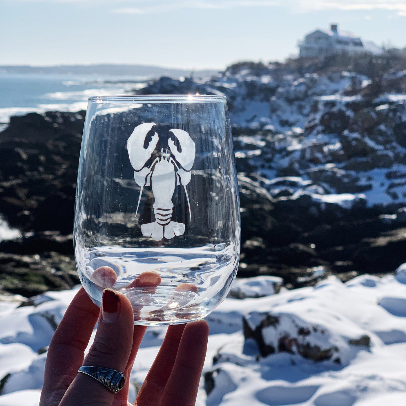 Maine Themed Etched Stemless Wine Glasses