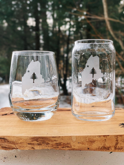 Pine Tree State Flag Etched Glasses