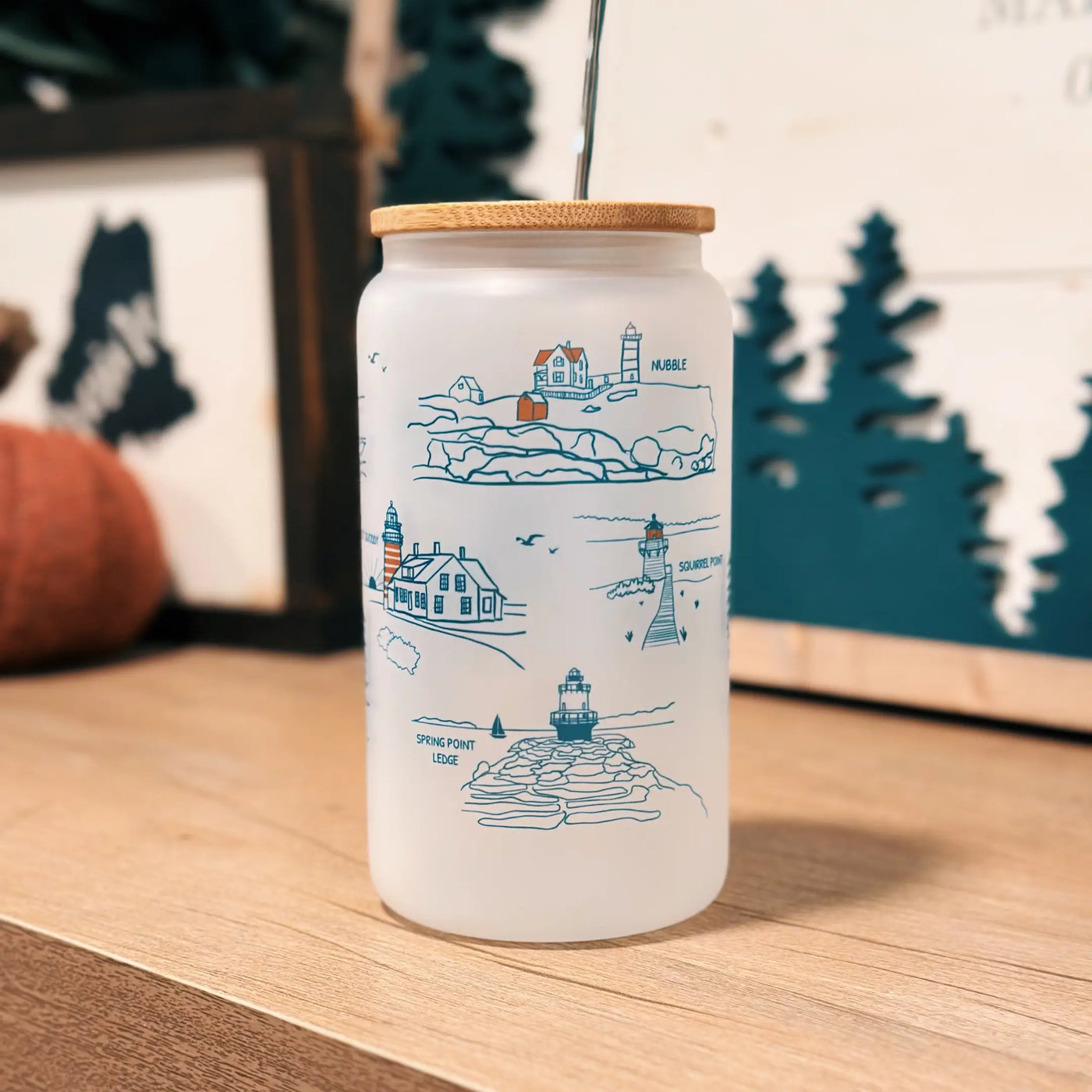 Maine Lighthouses Frosted Can Glass