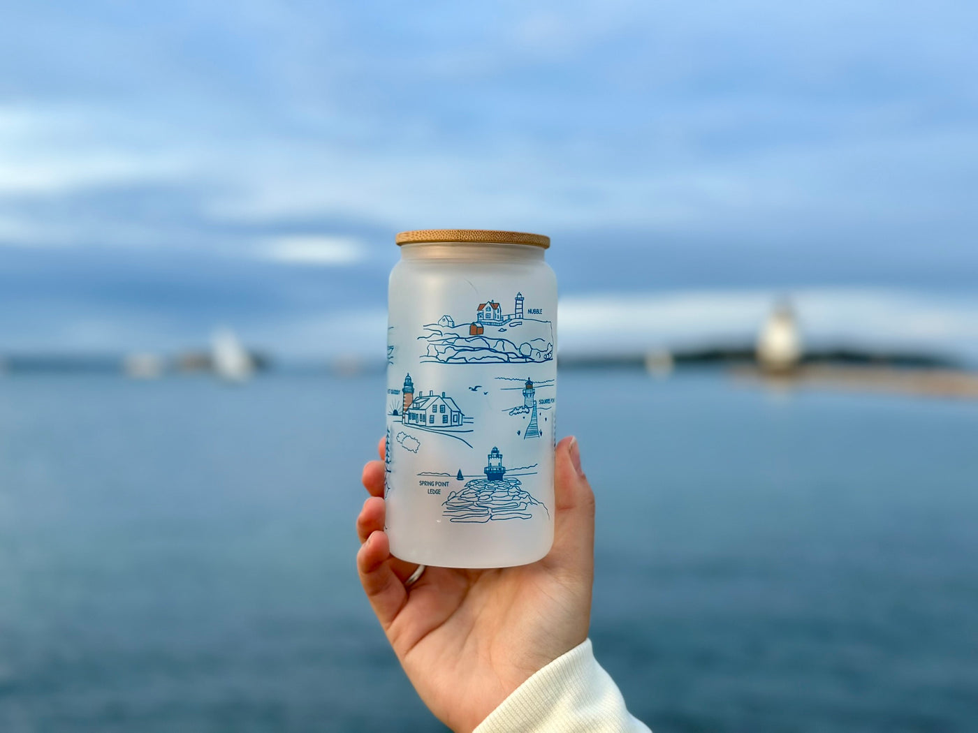 Maine Lighthouses Frosted Can Glass