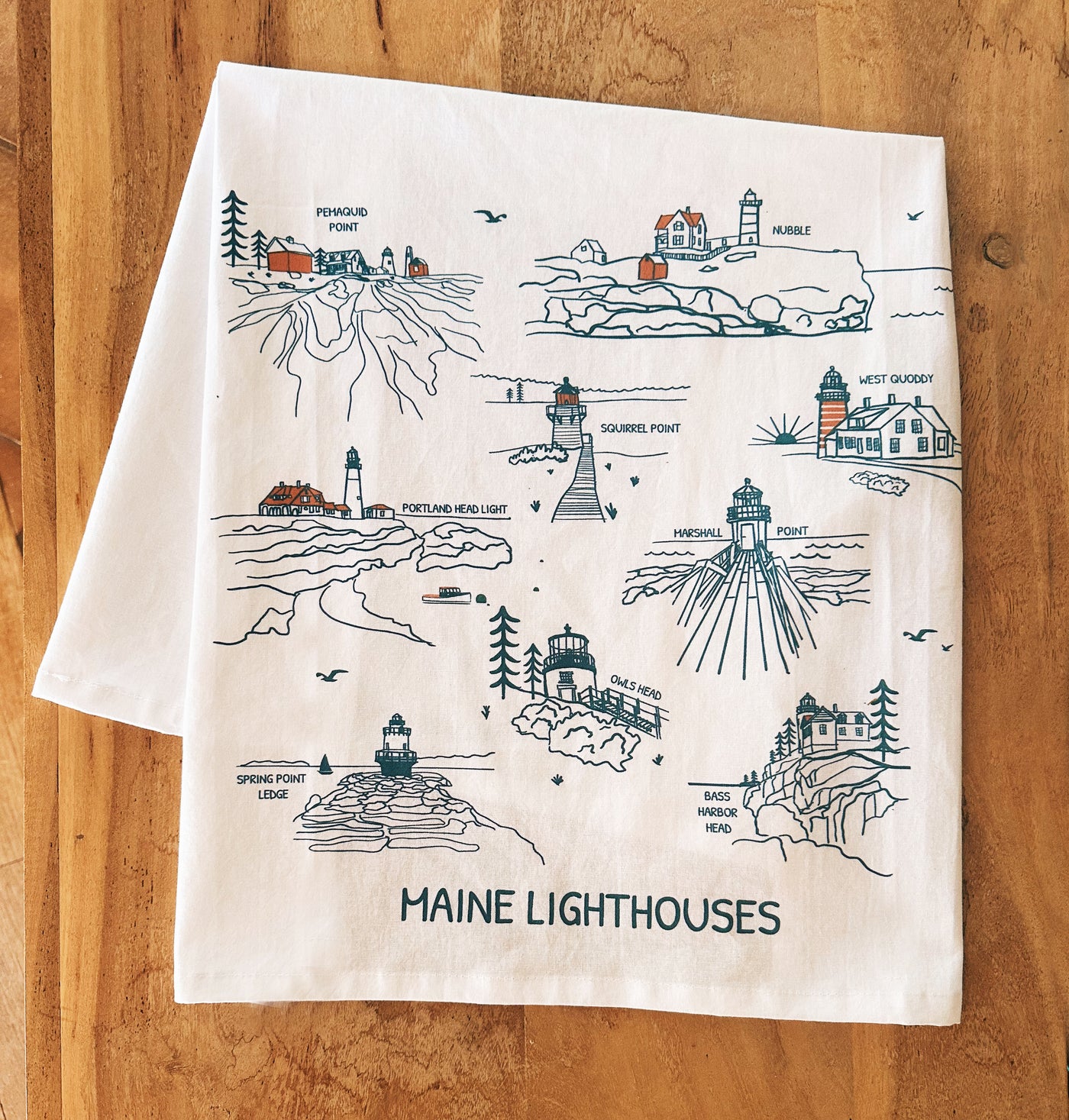 Maine Lighthouses Tea Towel