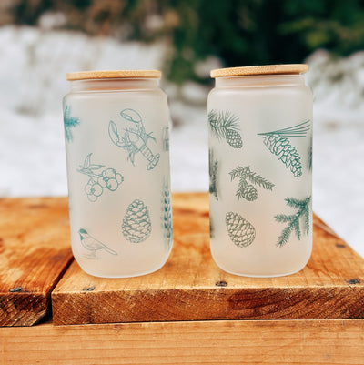 Pine Cones + Needles Frosted Can Glass