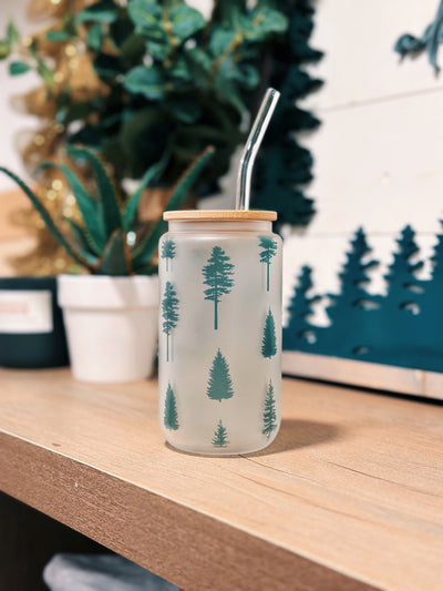 Conifers Frosted Can Glass with Lid + Straw