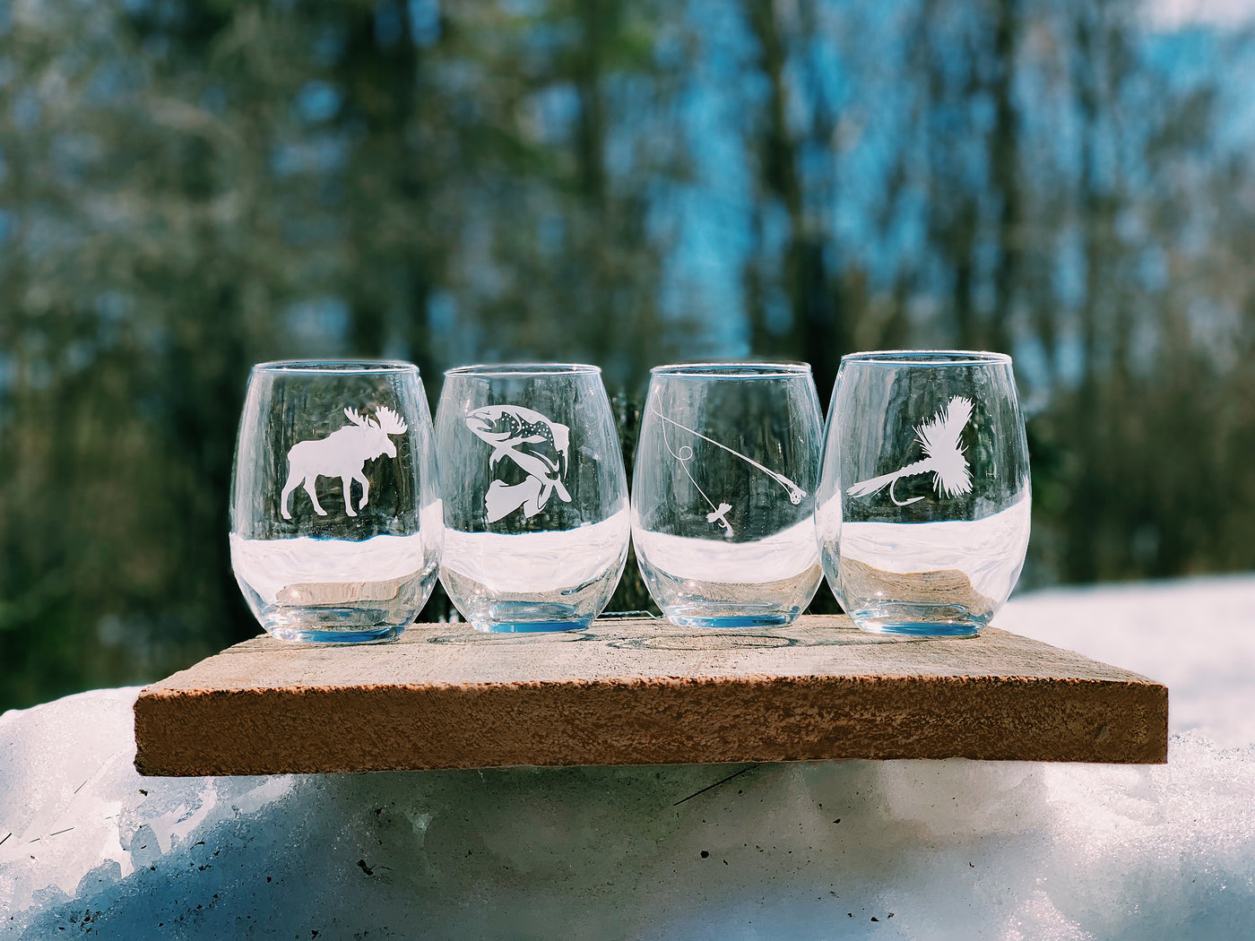 Fly Fishing Etched Stemless Wine Glass