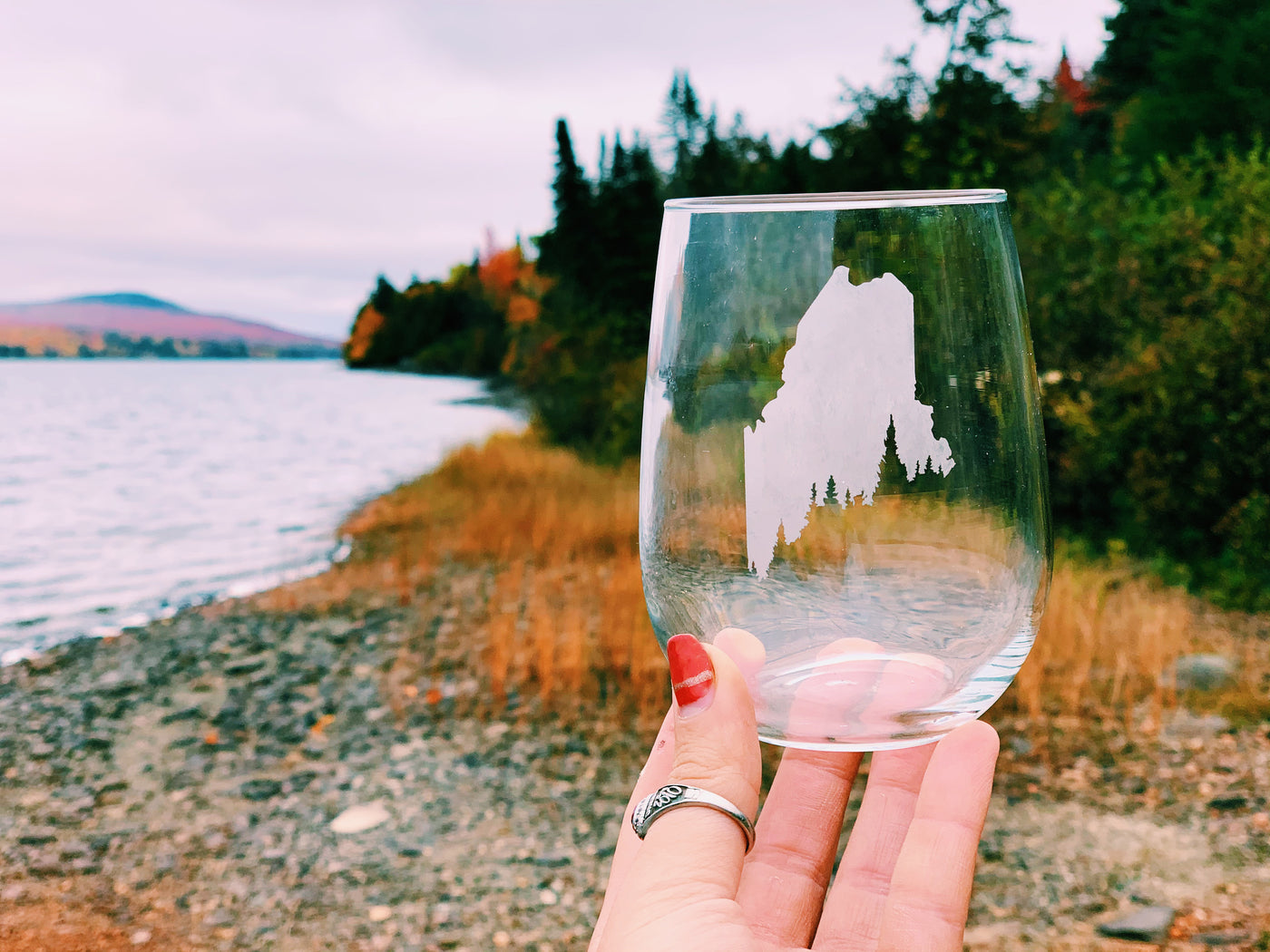 Maine Pine Tree Coast Etched Stemless Wine Glass