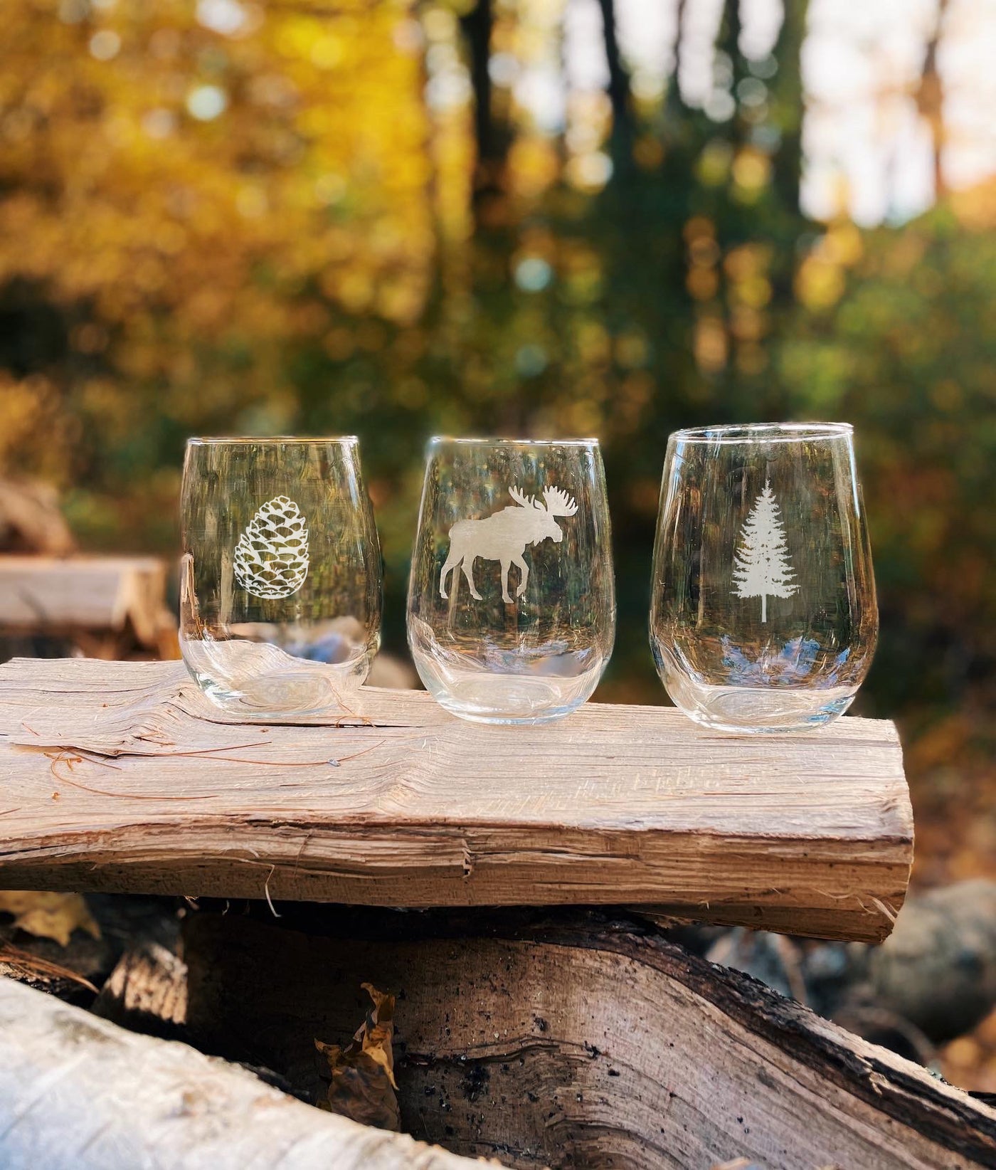 Woodland + Lake Inspired Etched Stemless Wine Glasses