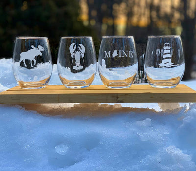 Maine Themed Etched Stemless Wine Glasses